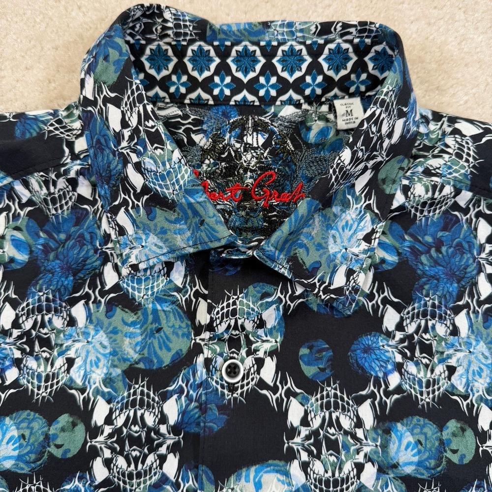 NWT Robert Graham Valdez Shirt Mens Medium Blue Floral Abstract Skull Flip Cuff
